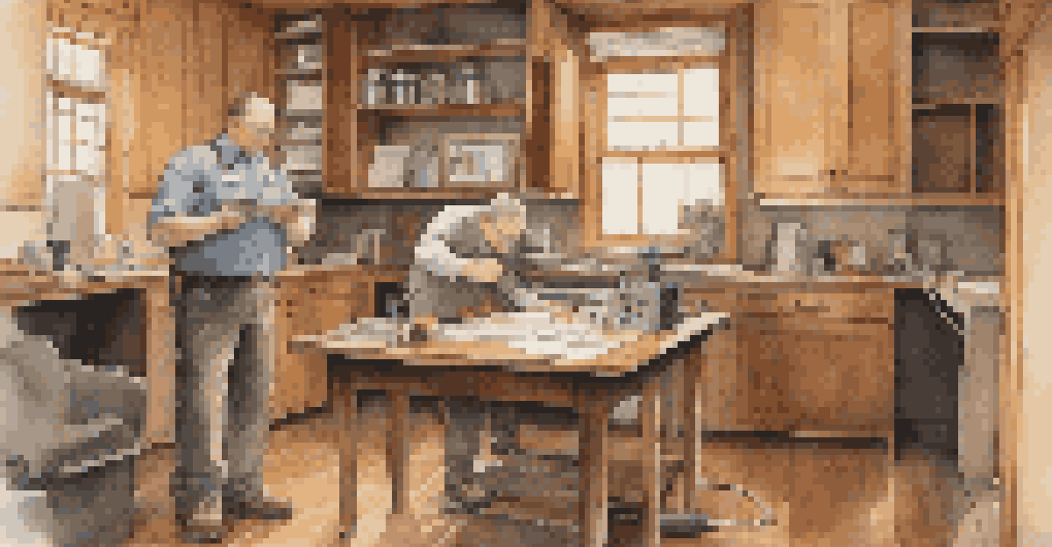 A home inspector examining an electrical panel in a well-lit room with wooden cabinets, surrounded by tools on a table.