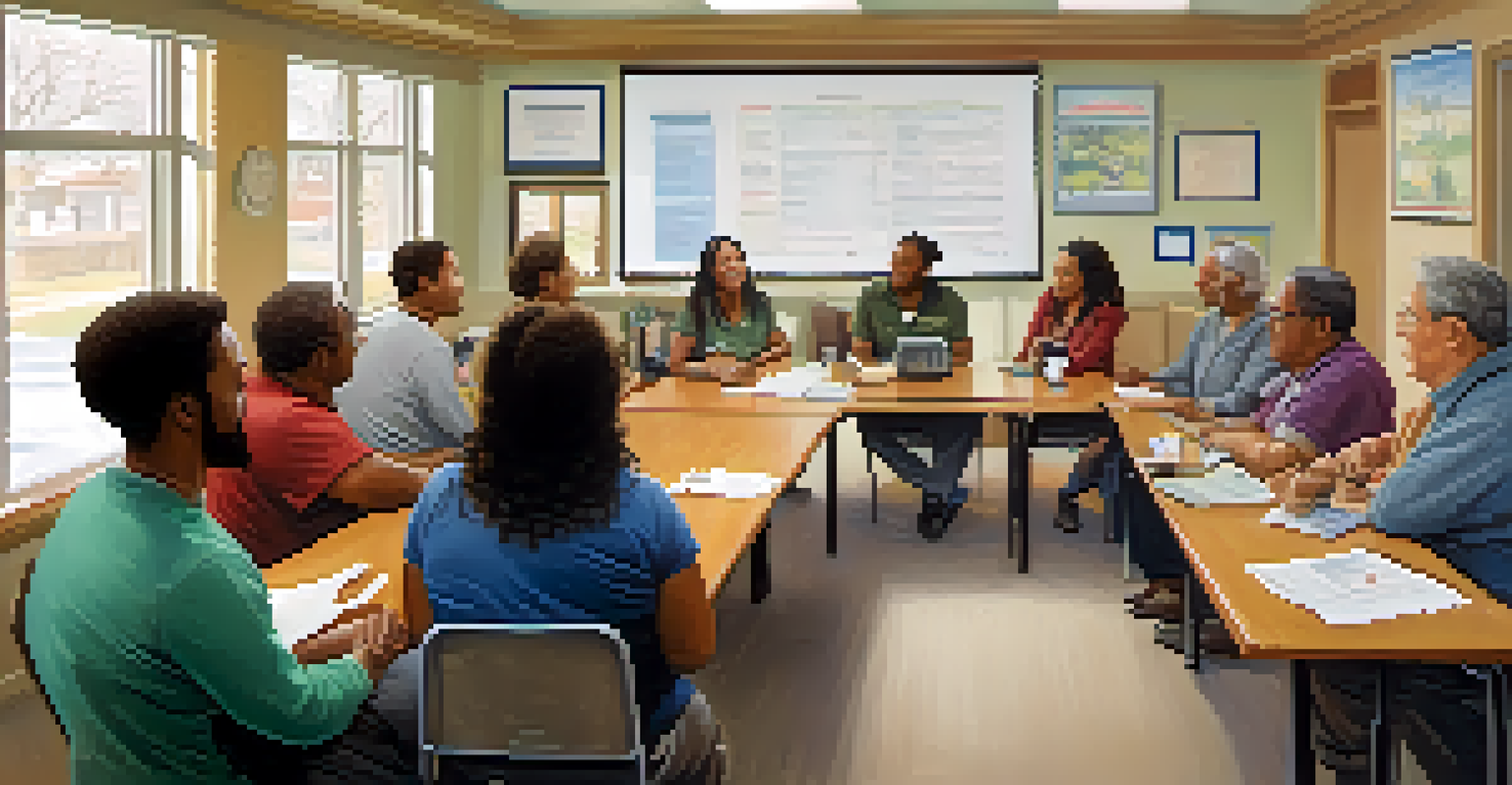 A group of diverse homeowners participating in a meeting at a community center, discussing HOA rules and regulations around a table.