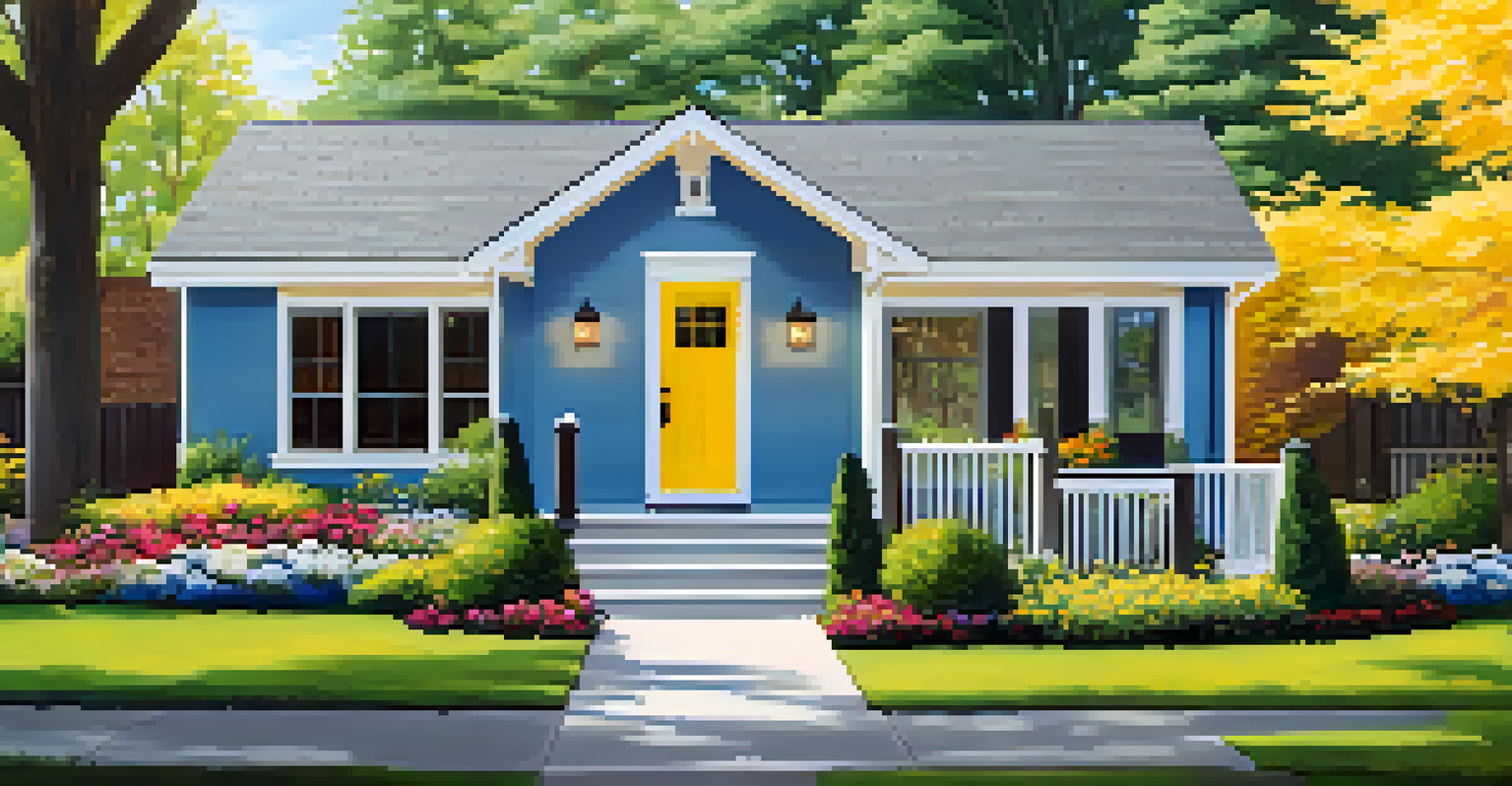 A renovated house exterior with new siding, a yellow front door, and colorful landscaping.