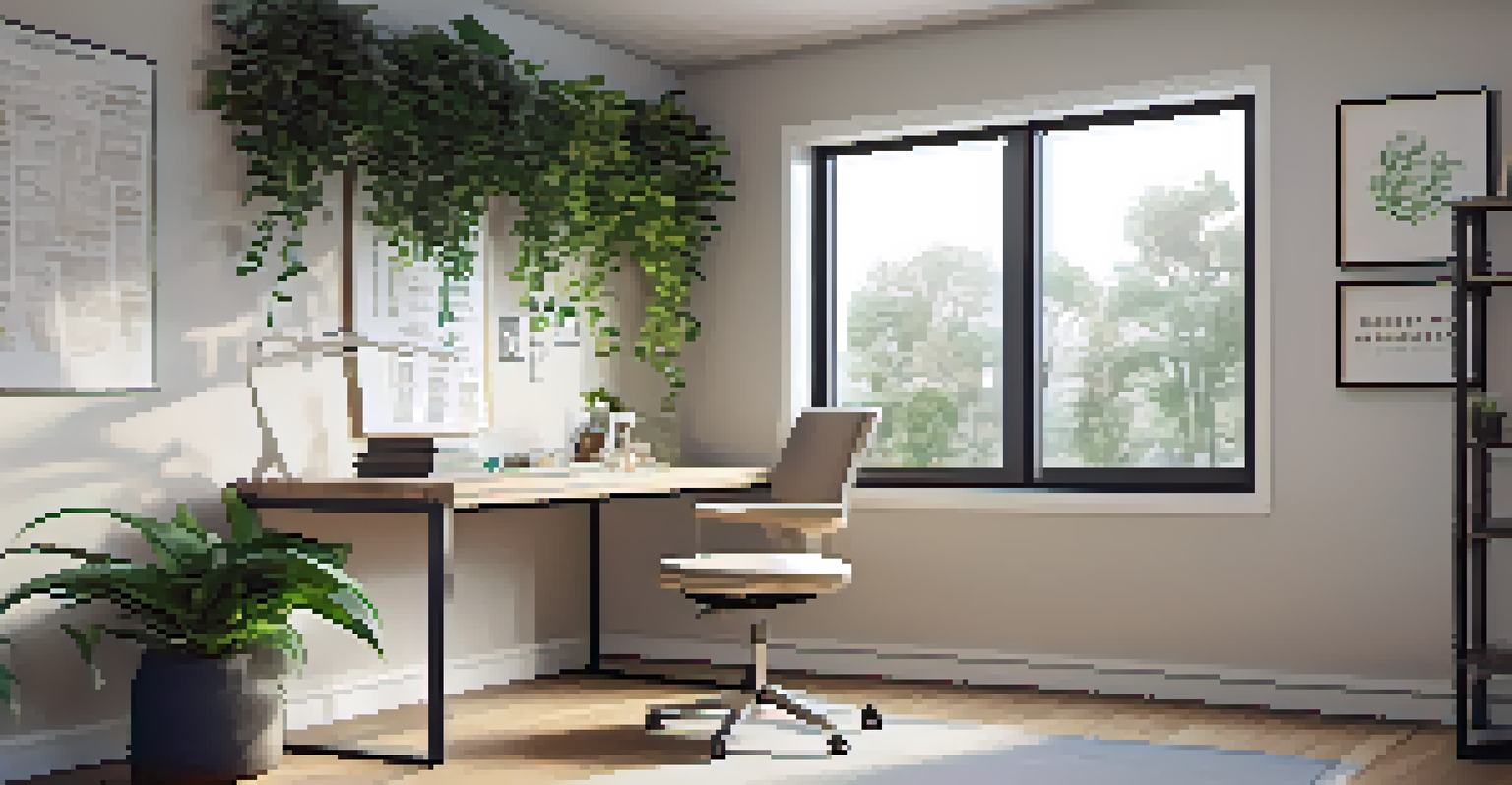 A sleek home office with a minimalist desk, ergonomic chair, and large computer monitor. Natural light comes from a window, with walls adorned with motivational quotes and plants.