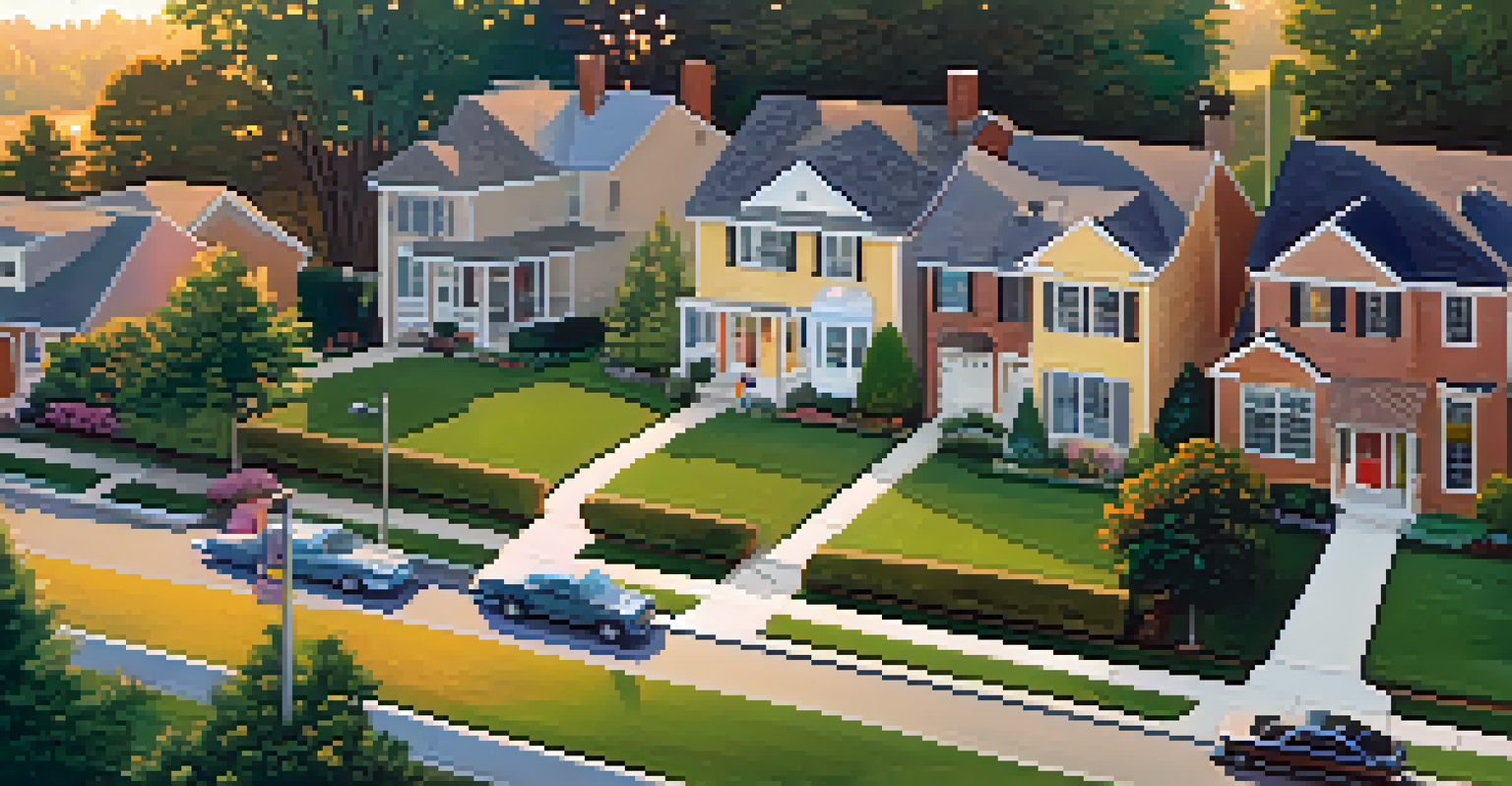 An aerial view of a suburban neighborhood with houses, lawns, and children playing.