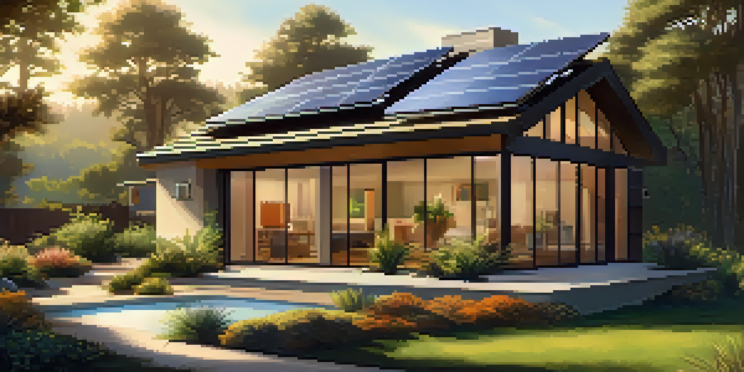 A contemporary house designed for energy efficiency, showcasing large windows, solar panels, and a landscaped garden with native plants, illuminated by soft afternoon sunlight.