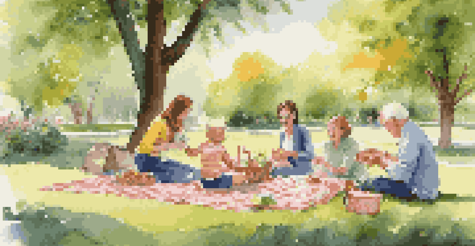A multi-generational family enjoying a picnic in a park, with food spread out on a blanket and children playing nearby.