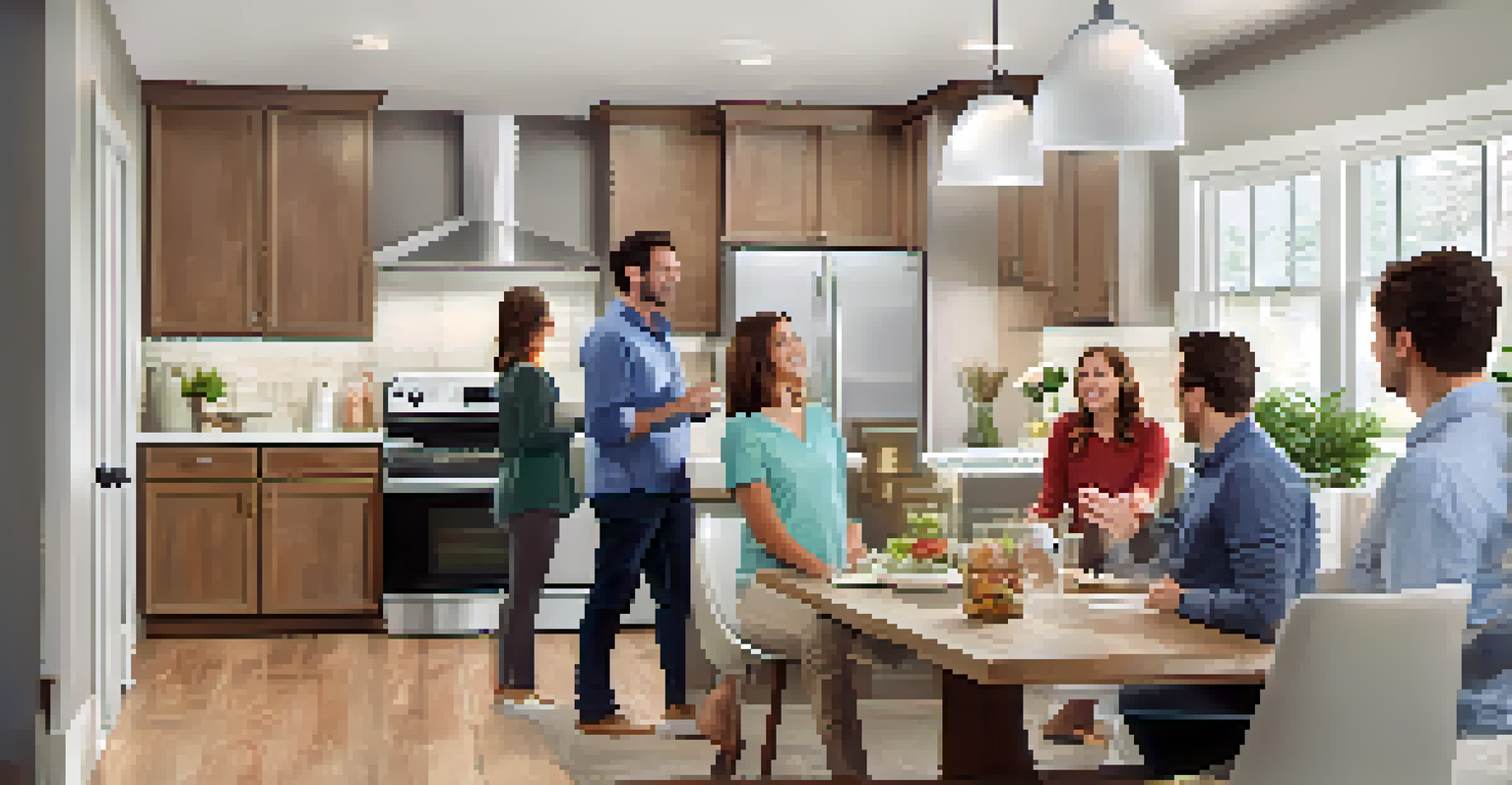 A real estate agent engaging with first-time homebuyers in a stylish kitchen during an open house event.