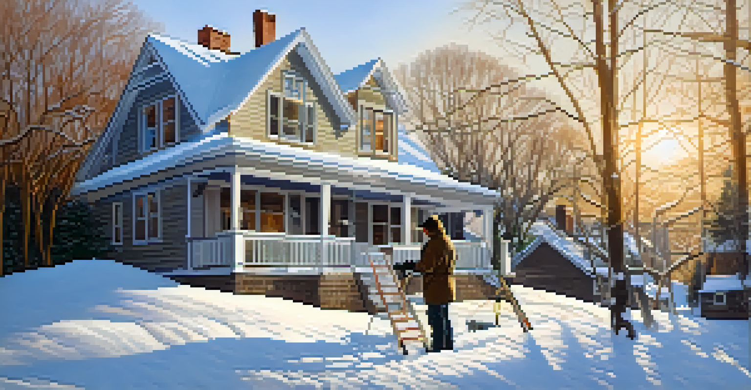 A homeowner inspecting the roof for winter damage, equipped with a toolbox, surrounded by a snowy landscape under soft sunlight.