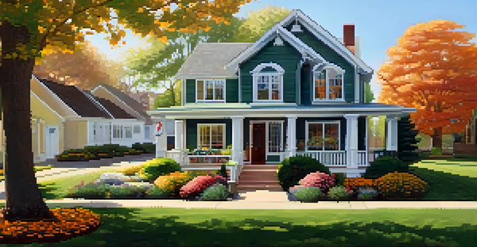 A picturesque suburban house for sale with a welcoming porch and colorful flowers under a clear blue sky.