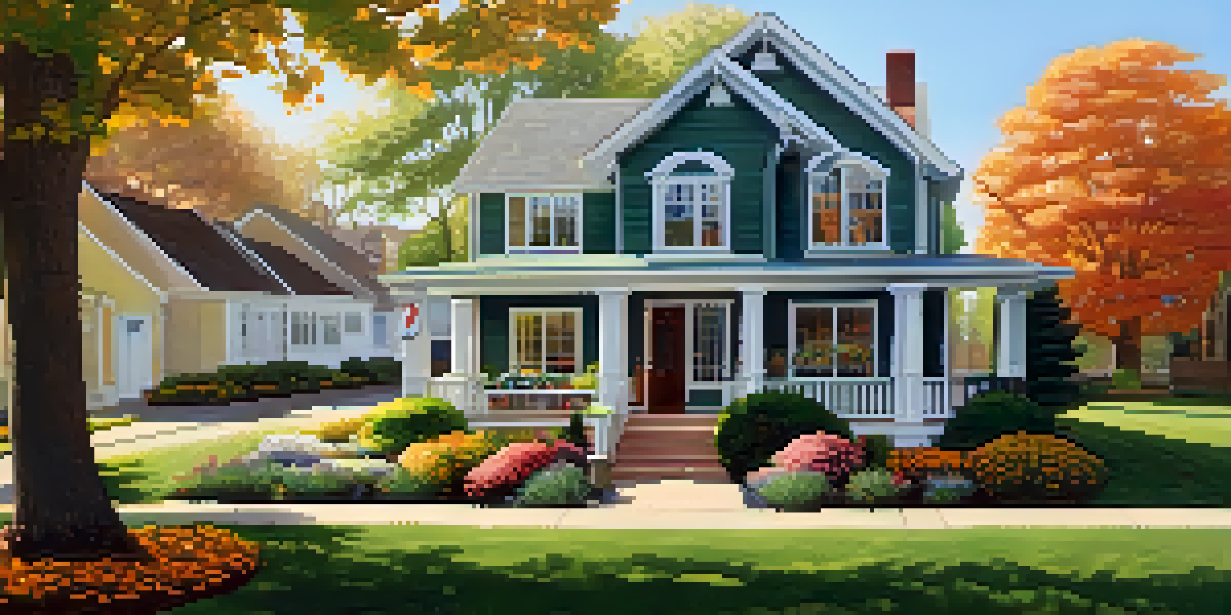 A picturesque suburban house for sale with a welcoming porch and colorful flowers under a clear blue sky.