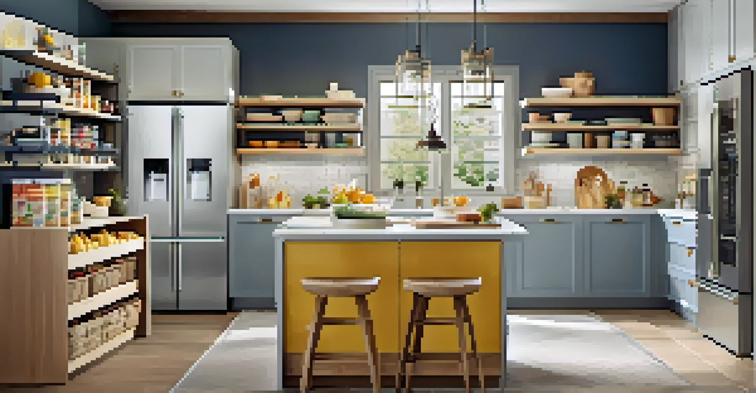 A modern kitchen with smart storage options for children's snacks, emphasizing a family-friendly design with bright and inviting decor.