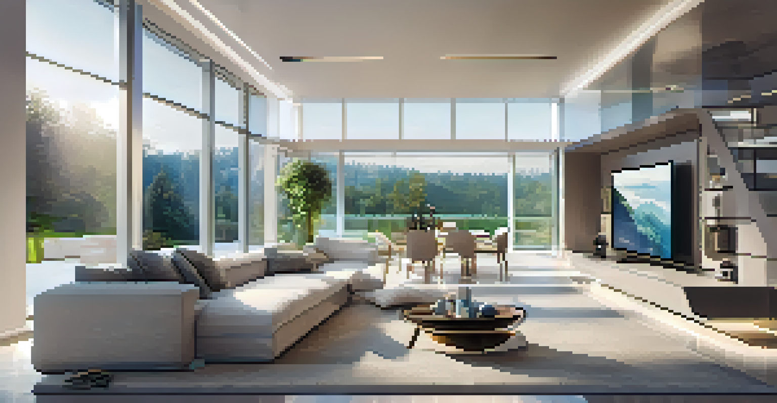 A modern living room of a smart home, filled with natural light and showcasing smart technology and sleek decor.