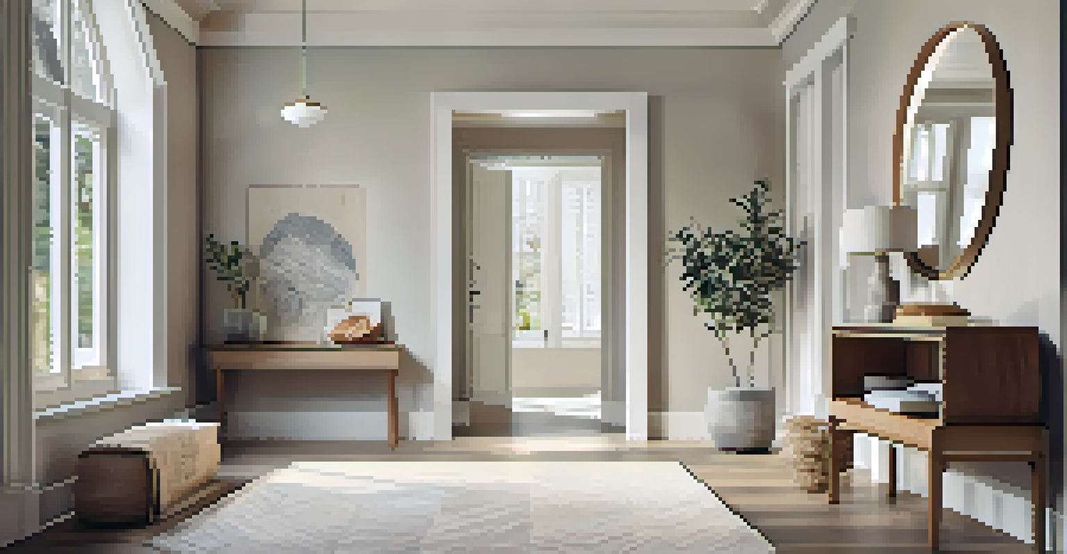 An open entryway featuring a wooden bench, a decorative mirror, a wall-mounted shelf, and a bright, airy atmosphere.