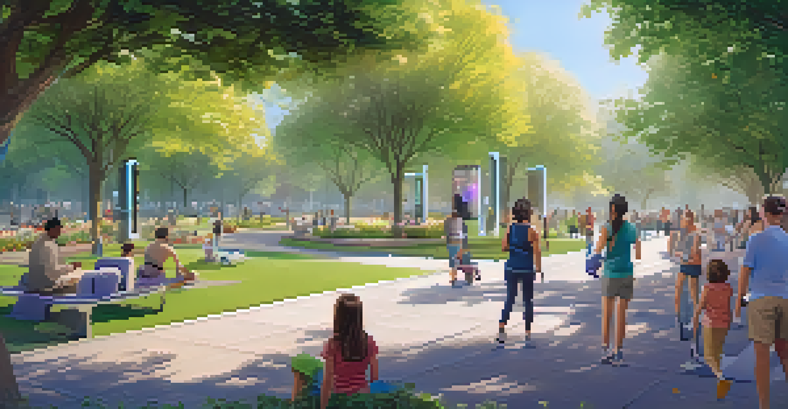 A peaceful urban park featuring IoT fitness stations and interactive screens, filled with families enjoying the outdoors under soft morning light.