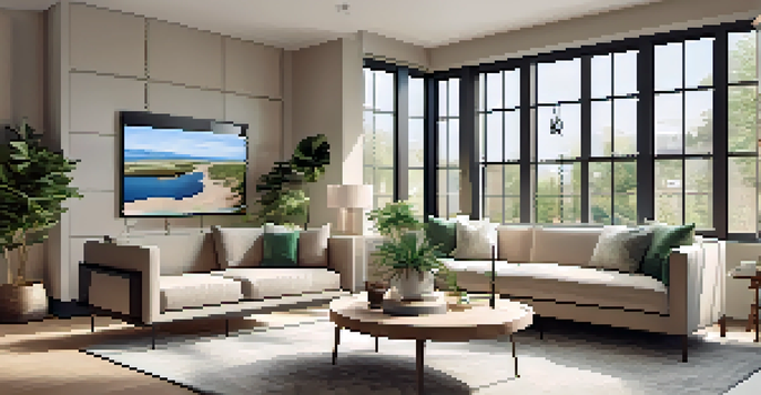 A bright and modern living room with contemporary furniture and a virtual tour screen.