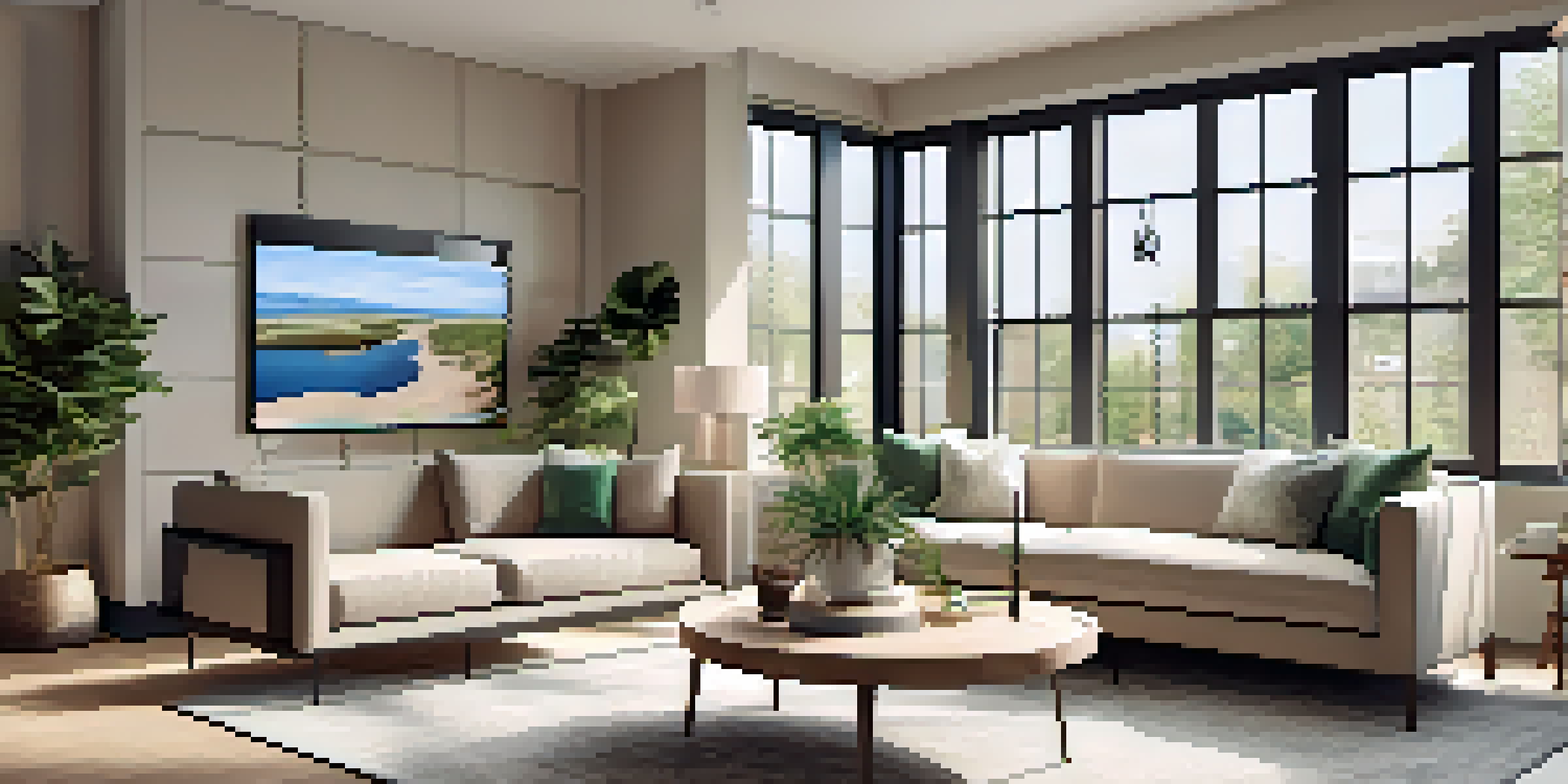 A bright and modern living room with contemporary furniture and a virtual tour screen.