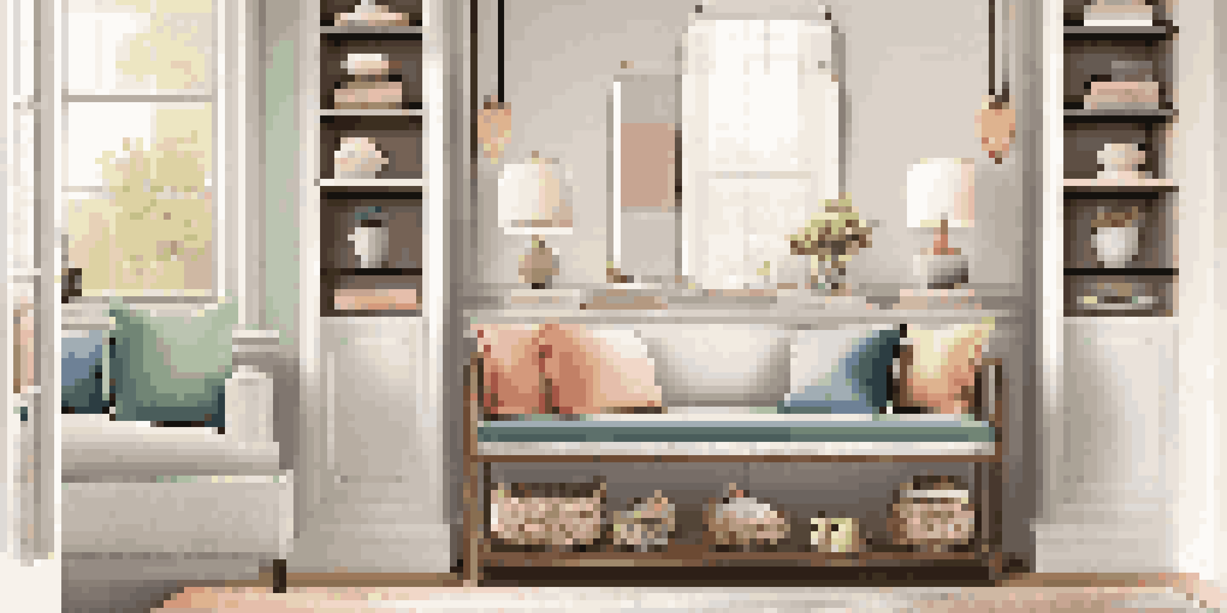 A cozy entryway with a storage bench and console table, featuring decorative elements and warm lighting.