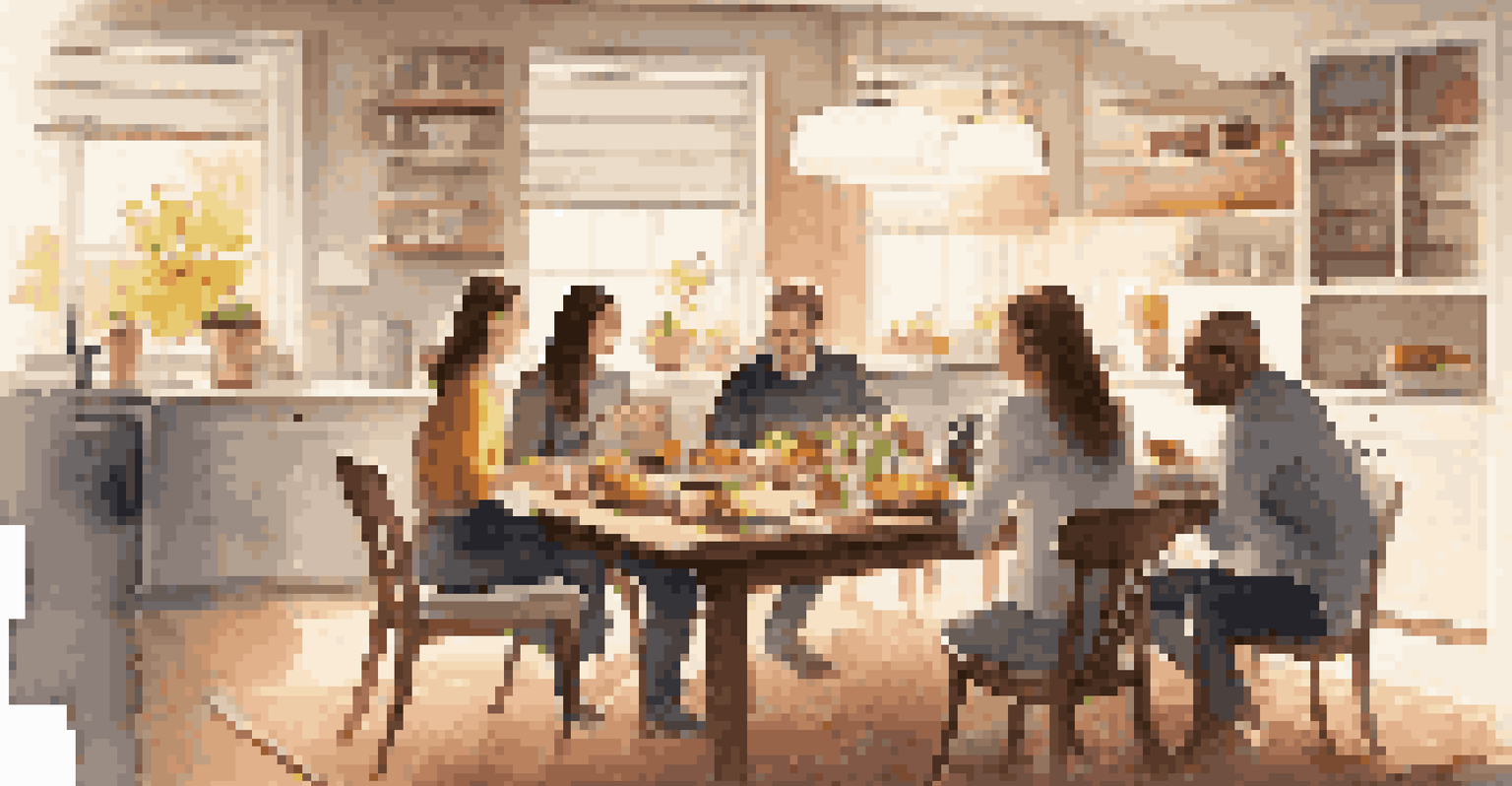 A family at a dining table with smart home devices around them, in a warmly lit room with energy-saving features.