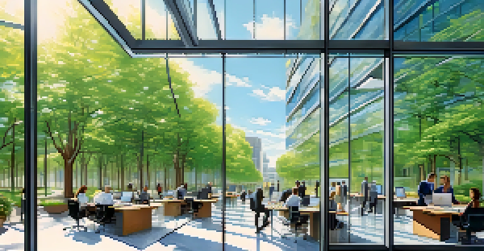 A modern office building with professionals discussing around a table outdoors, surrounded by greenery.
