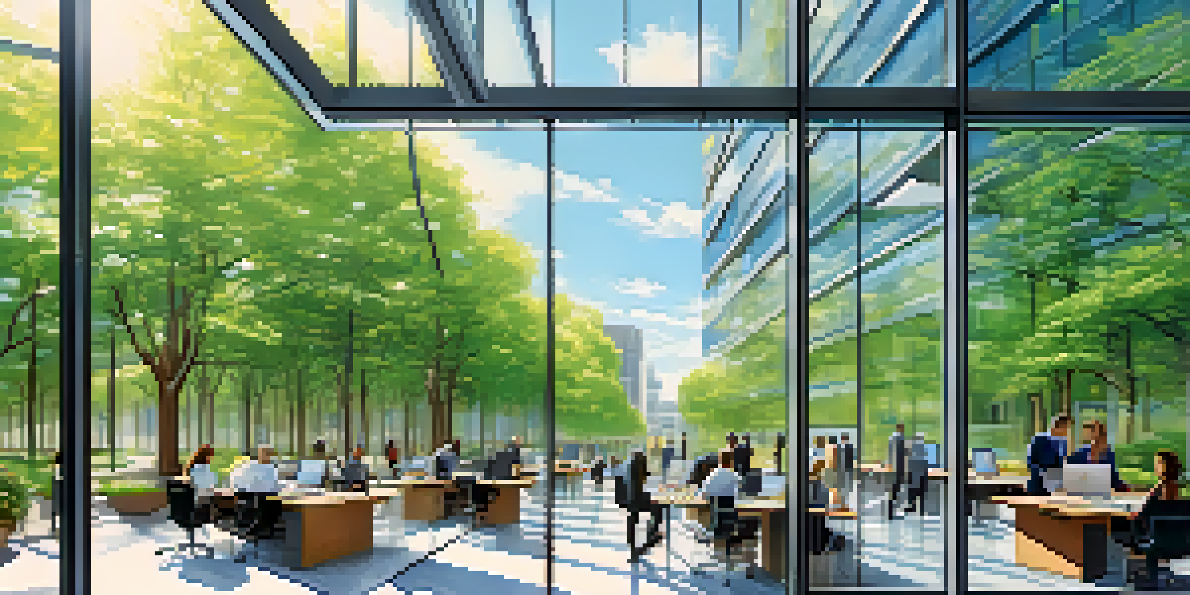 A modern office building with professionals discussing around a table outdoors, surrounded by greenery.