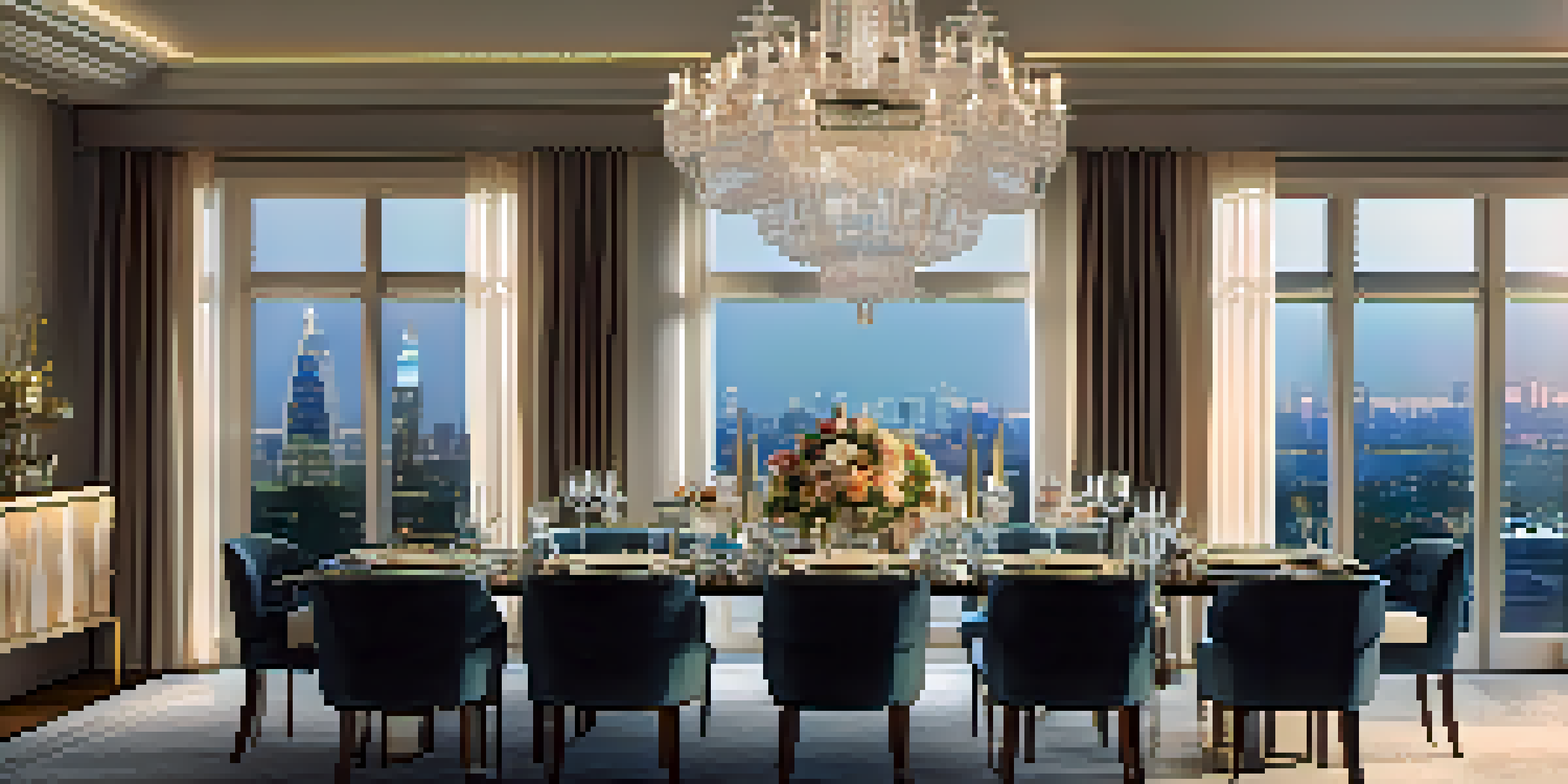 An elegant dining area with a beautifully set table and a view of the city skyline.