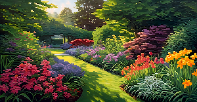 A colorful garden filled with daylilies and zinnias, with a winding path and sunlight creating shadows.