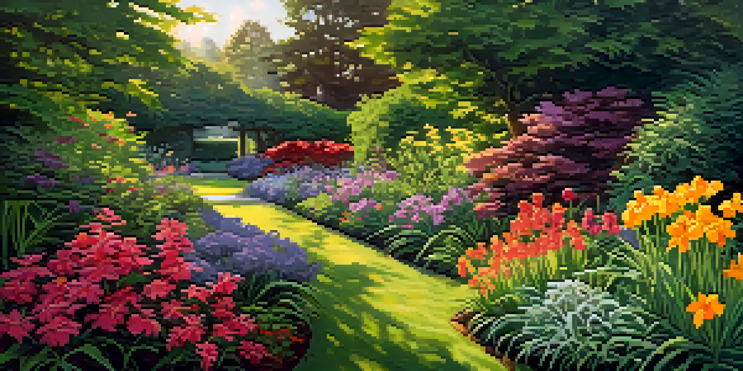 A colorful garden filled with daylilies and zinnias, with a winding path and sunlight creating shadows.