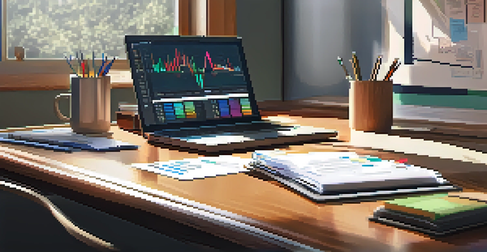 A financial analyst's workspace with a laptop, colorful graphs, and a notepad filled with notes, illuminated by natural light.