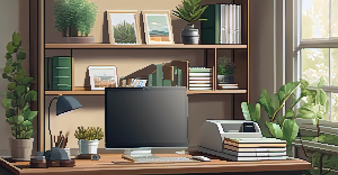 A well-organized home office with a wooden desk and a label maker, featuring neatly arranged stationery and labeled shelves filled with books and supplies.