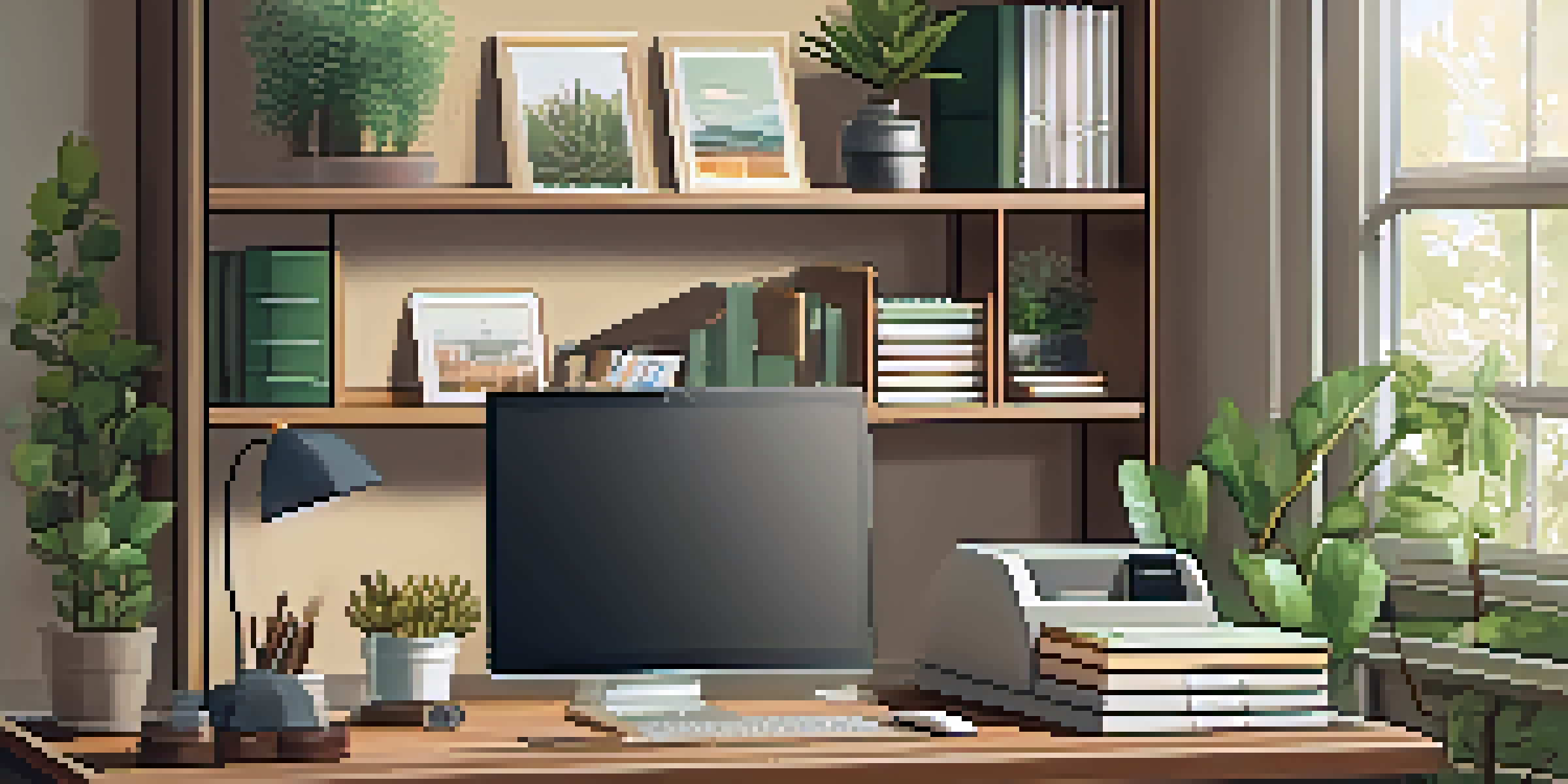 A well-organized home office with a wooden desk and a label maker, featuring neatly arranged stationery and labeled shelves filled with books and supplies.