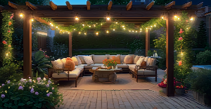A wooden pergola in a garden, decorated with climbing plants and string lights, creating a cozy evening atmosphere.