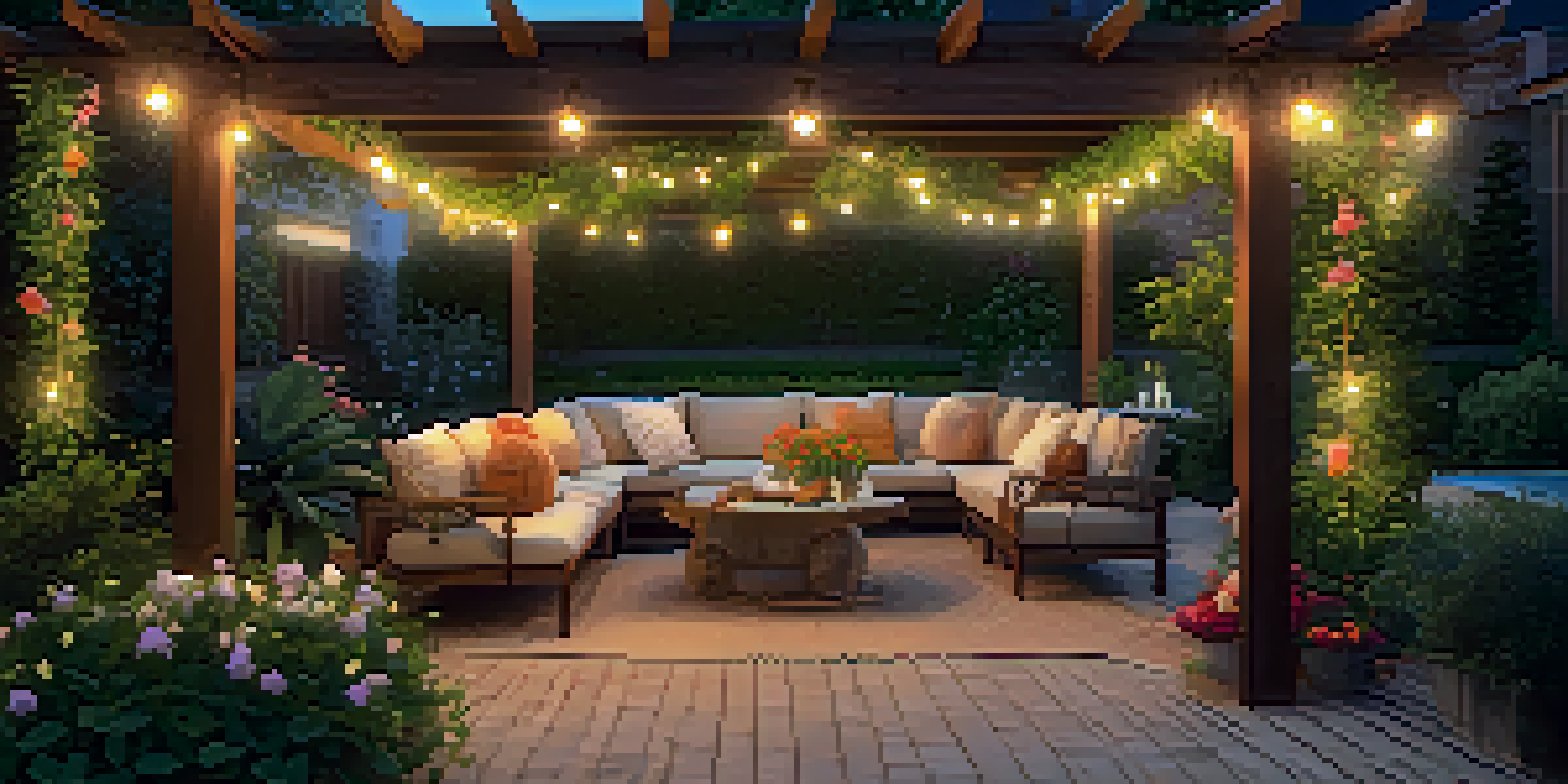 A wooden pergola in a garden, decorated with climbing plants and string lights, creating a cozy evening atmosphere.