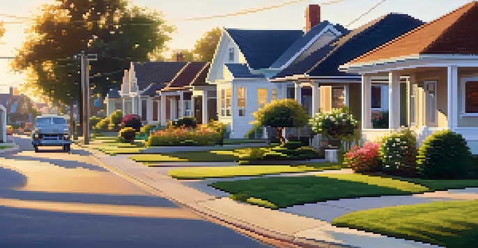 A suburban street with charming bungalows, blooming flowers, and children playing during sunset.