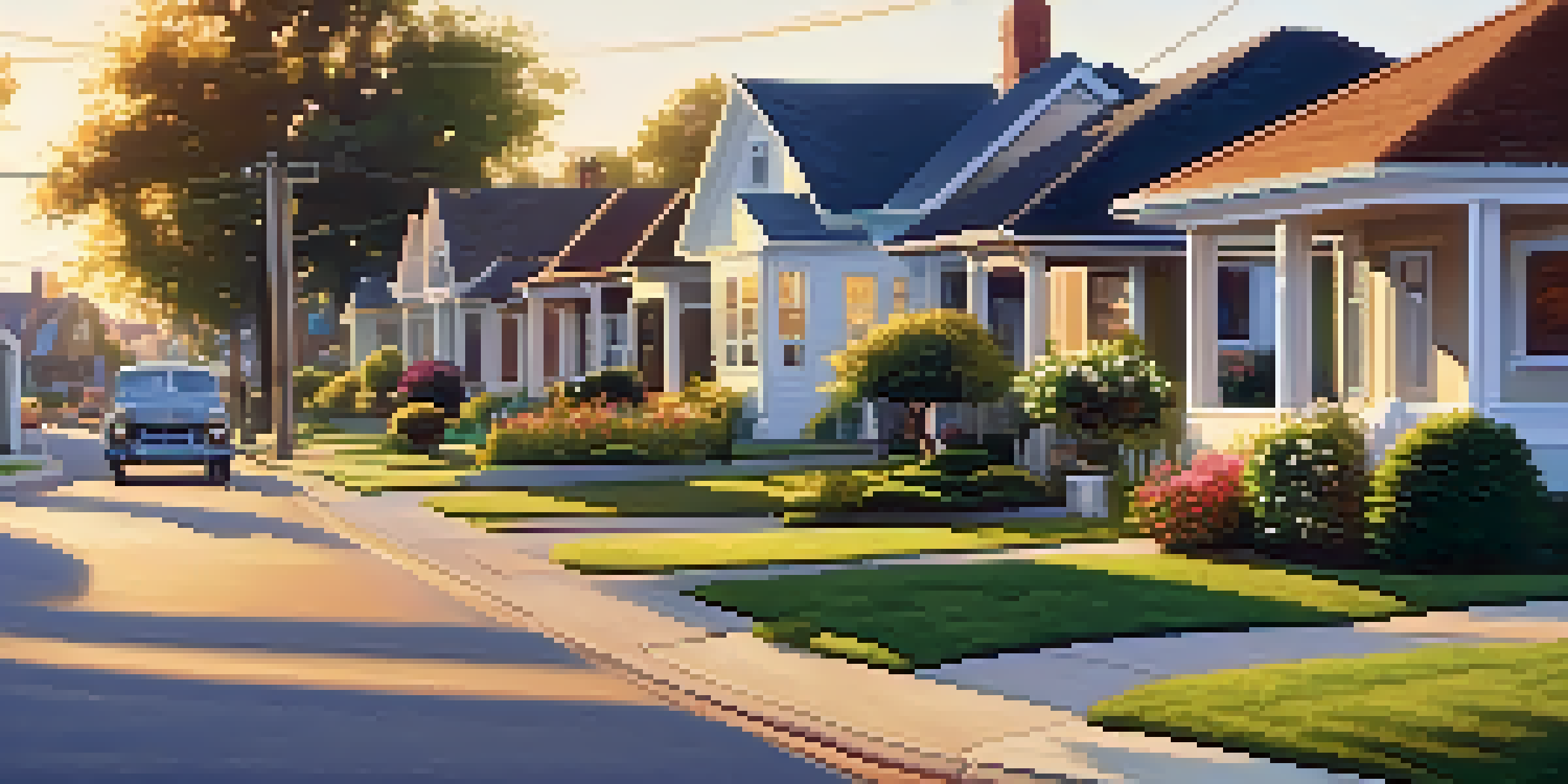 A suburban street with charming bungalows, blooming flowers, and children playing during sunset.
