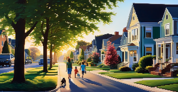 A sunny suburban neighborhood with homes, children playing in a park, and people walking dogs under a blue sky.