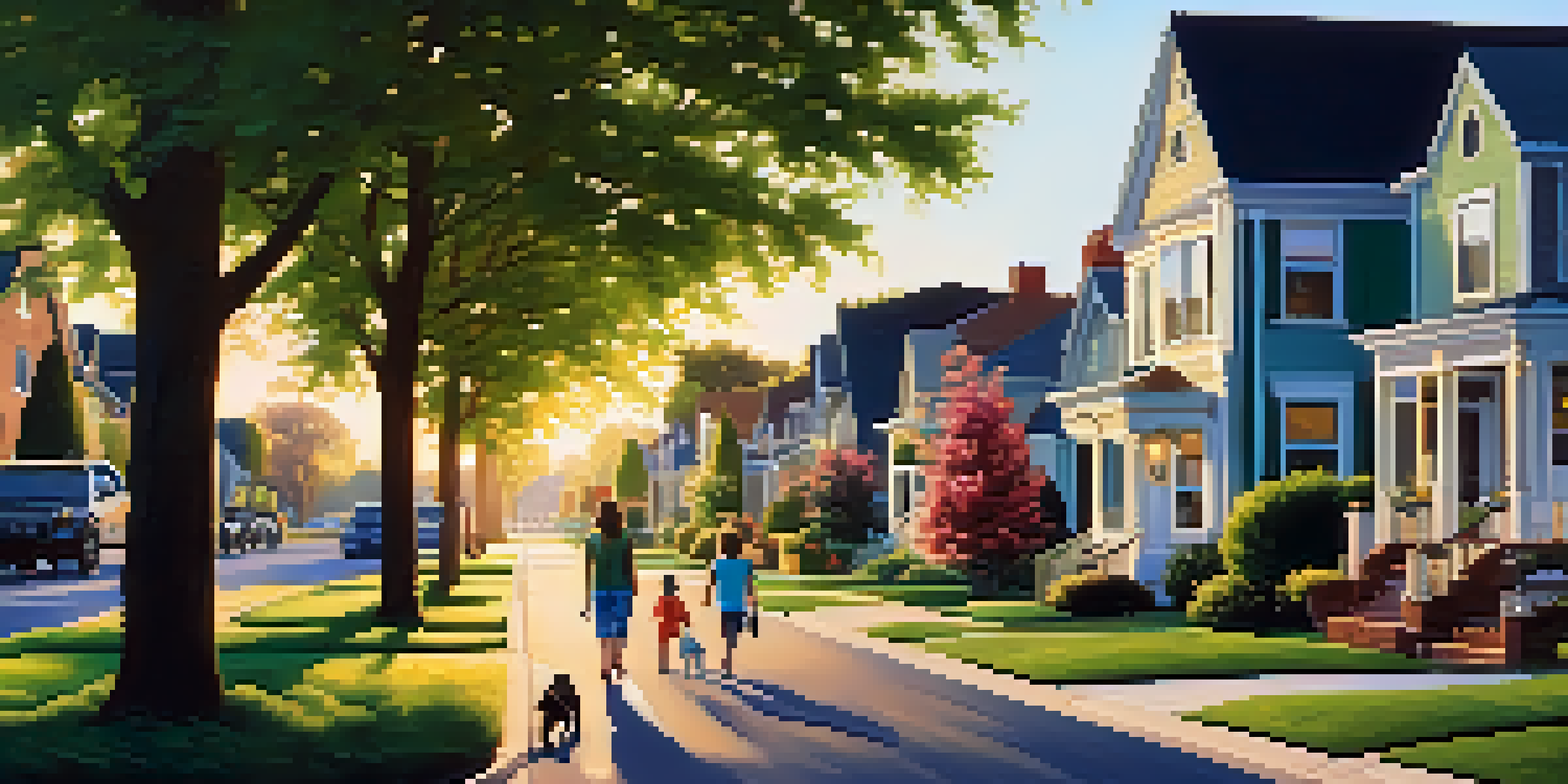 A sunny suburban neighborhood with homes, children playing in a park, and people walking dogs under a blue sky.