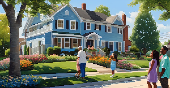 A diverse group of individuals gathered in front of a charming home in a sunny suburban neighborhood, smiling and interacting, representing community support.