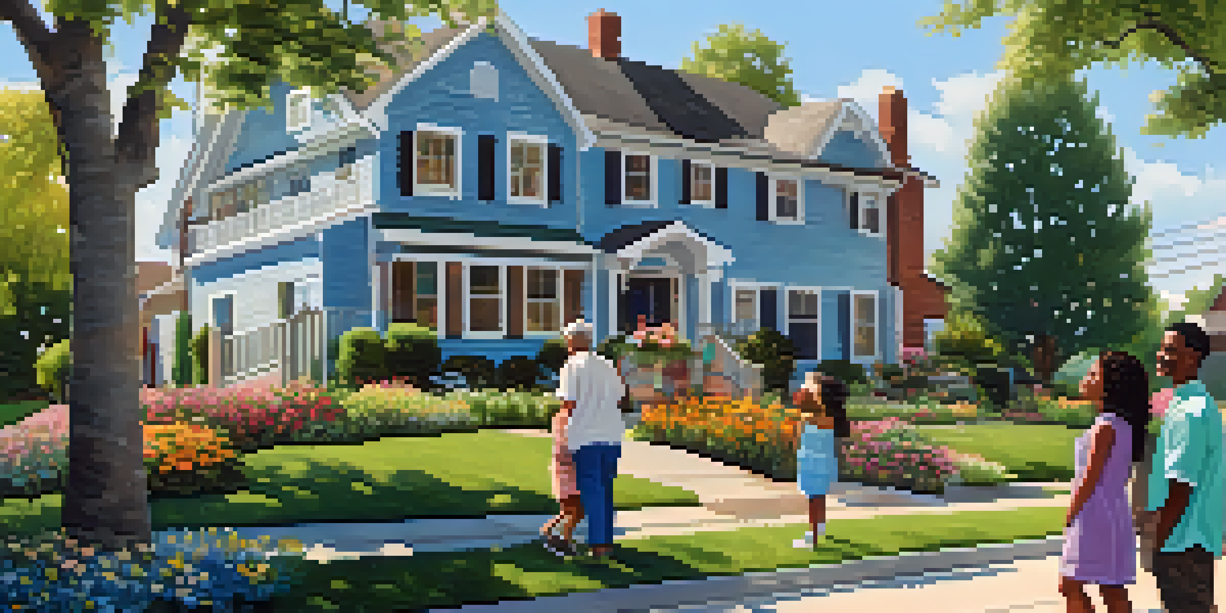 A diverse group of individuals gathered in front of a charming home in a sunny suburban neighborhood, smiling and interacting, representing community support.
