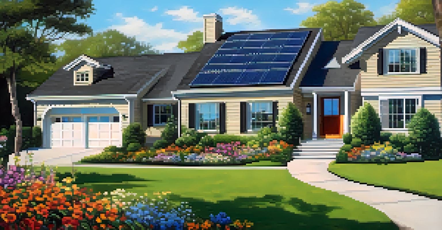A suburban home with solar panels and smart security cameras, surrounded by a green lawn and colorful flowers.