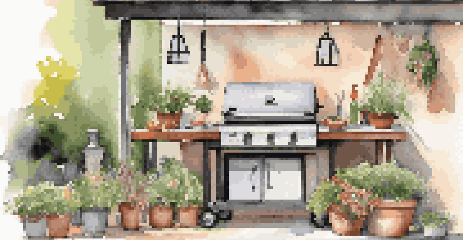 A small outdoor kitchen with a portable grill and bar cart, decorated with fresh herbs and flower pots, under warm lantern lighting, ready for outdoor dining.