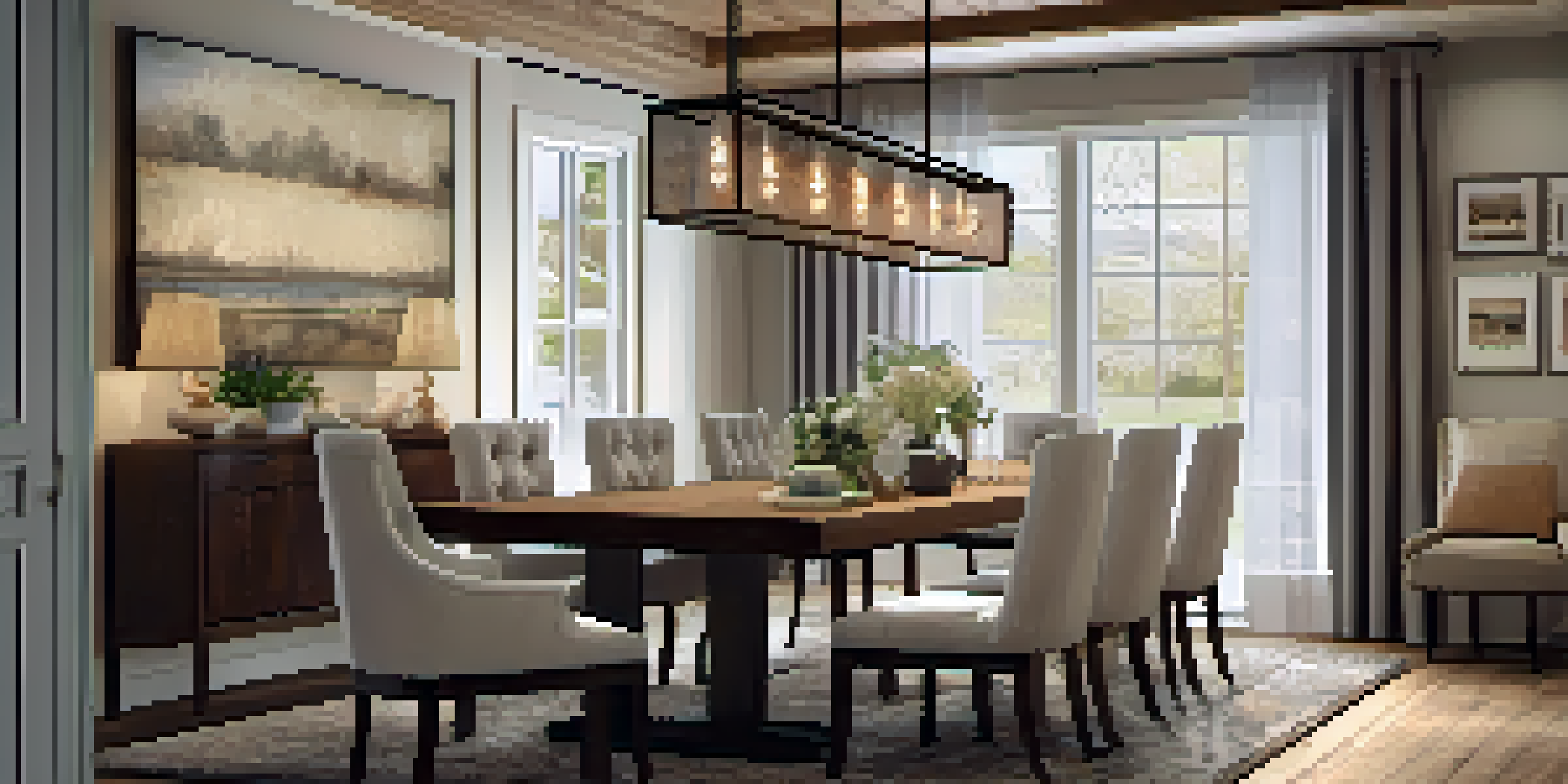 A cozy dining room with a chandelier above a wooden table, warm ambient lighting, wall sconces, and artwork on the walls.