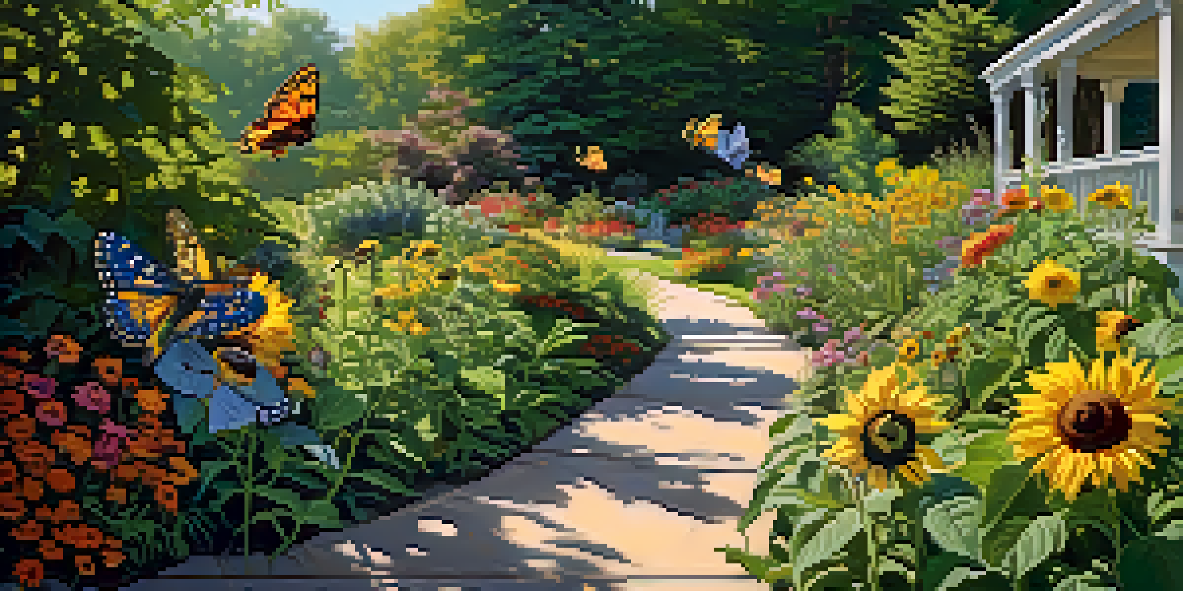 A colorful garden featuring various native plants and flowers, with butterflies and bees flying around under the sunny sky.