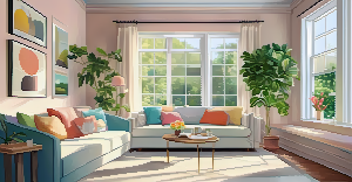 A cozy living room filled with sunlight, colorful pillows on a couch, and large windows with sheer curtains.