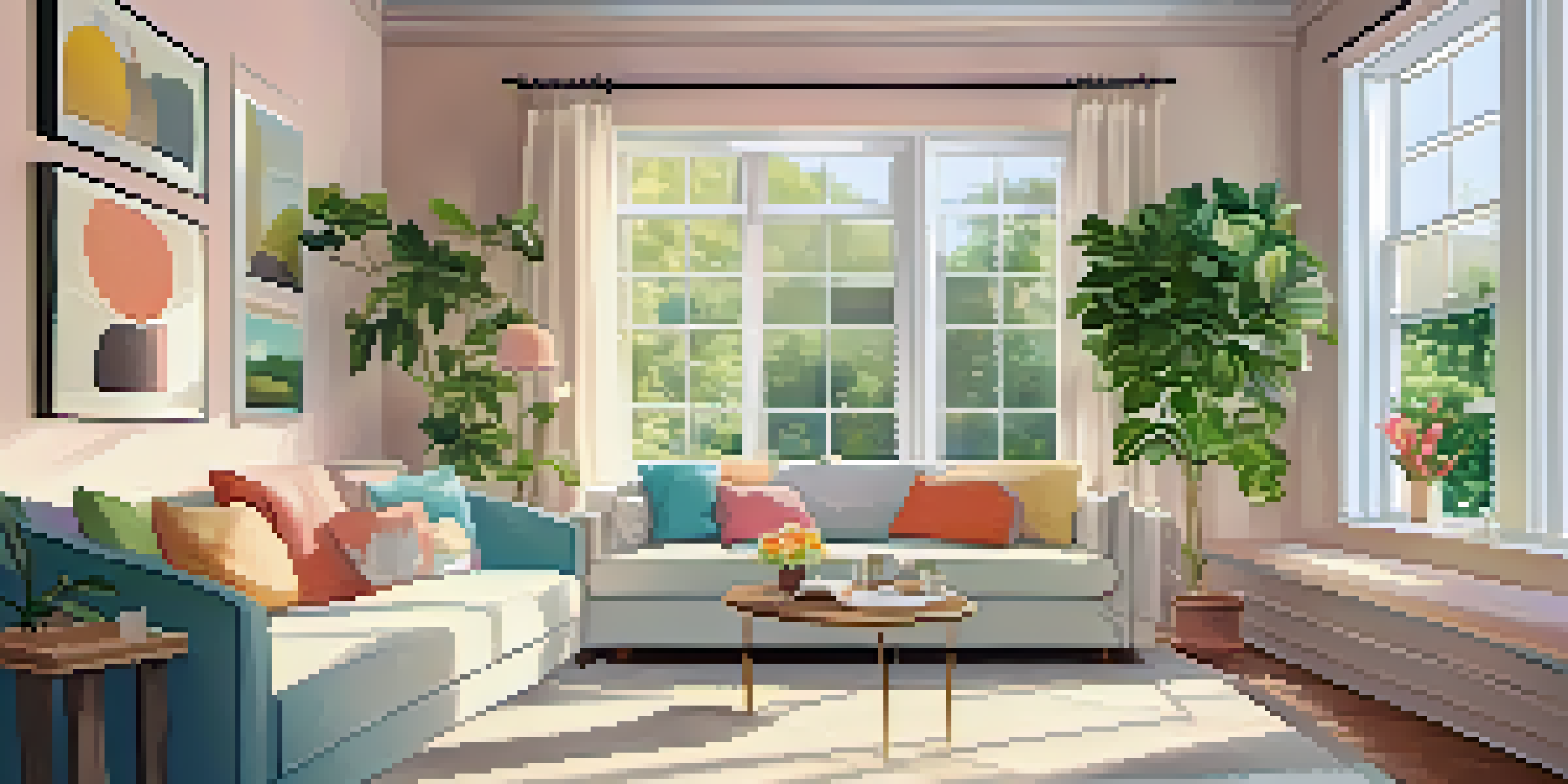 A cozy living room filled with sunlight, colorful pillows on a couch, and large windows with sheer curtains.