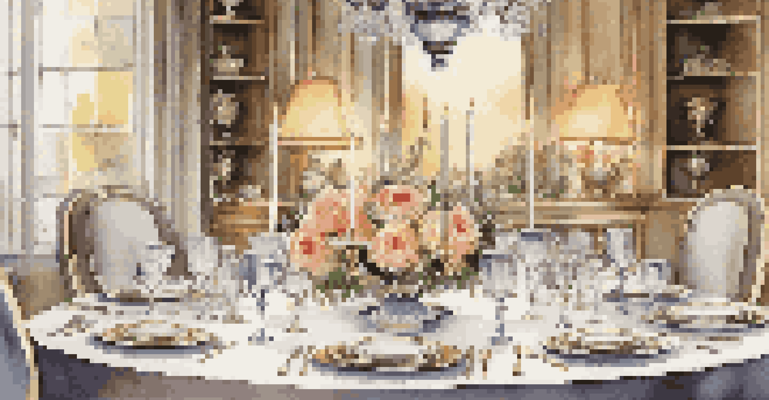 An elegantly set dining table with fine china and a floral centerpiece, illuminated by soft lighting.