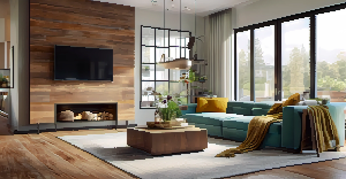 A modern living room filled with natural light, featuring a cozy sofa and stylish decor.