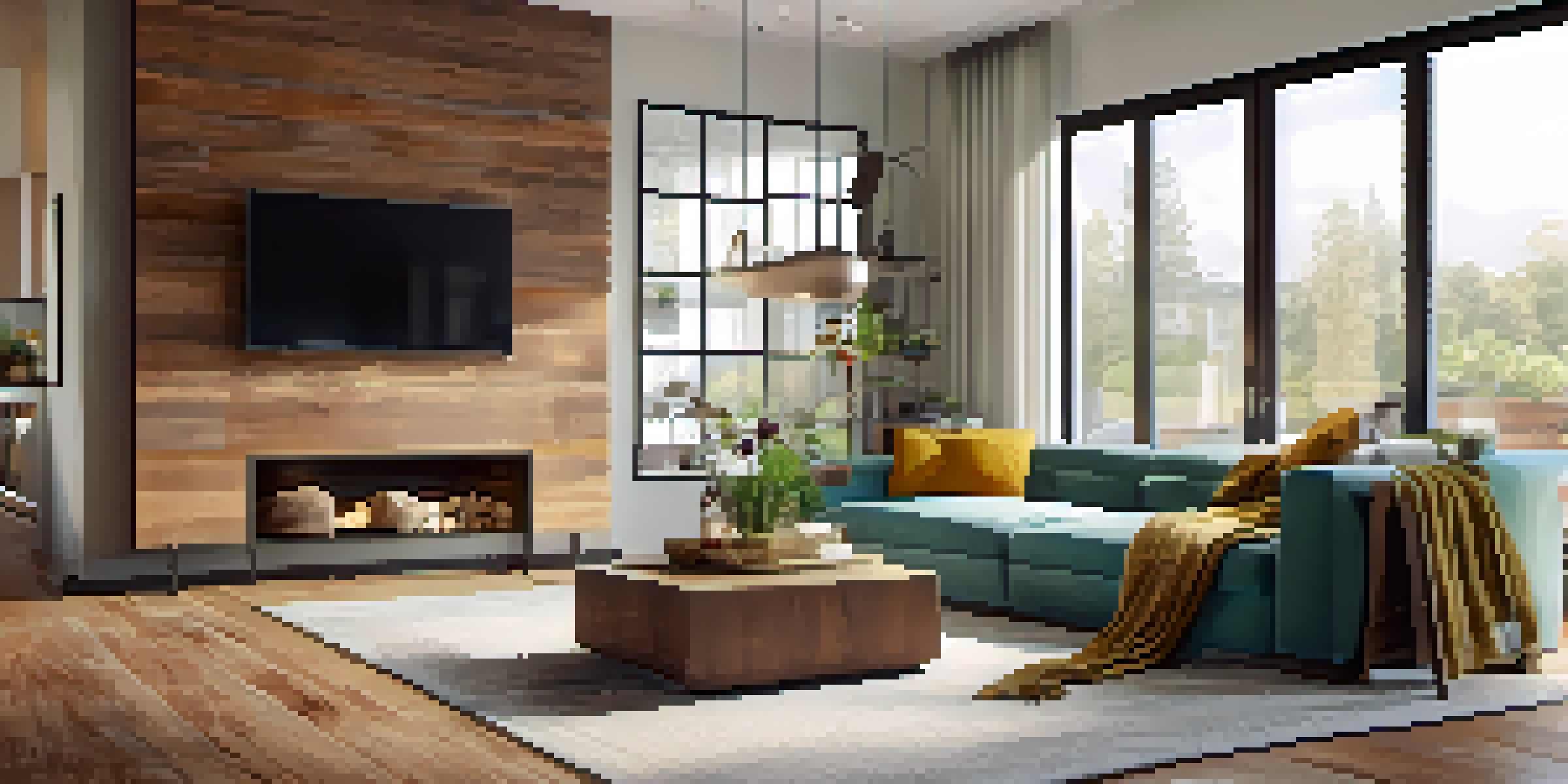 A modern living room filled with natural light, featuring a cozy sofa and stylish decor.