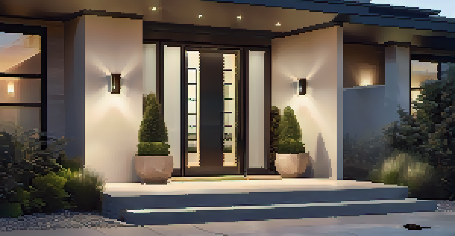 A modern home entrance at dusk with a glowing smart lock on the front door.