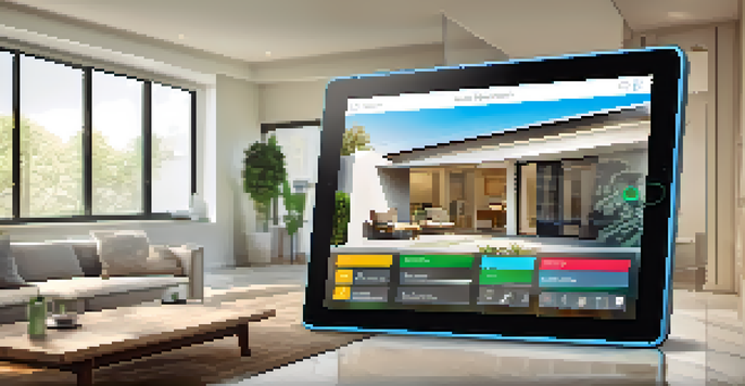 A tablet displaying a modern home security system interface in a stylish living room.