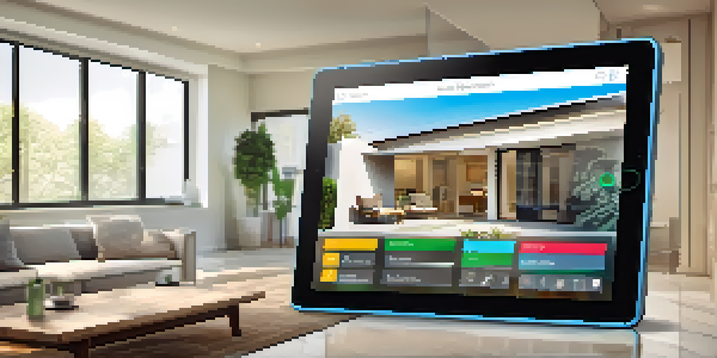 A tablet displaying a modern home security system interface in a stylish living room.