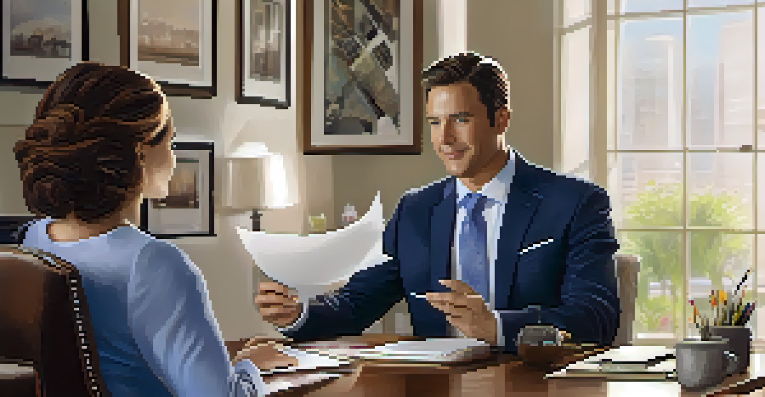 A real estate agent discussing a home warranty with a couple at an office desk, with a laptop showing property listings in the background.