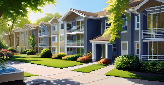 A peaceful apartment complex with green lawns and flower beds under a blue sky, illuminated by sunlight.