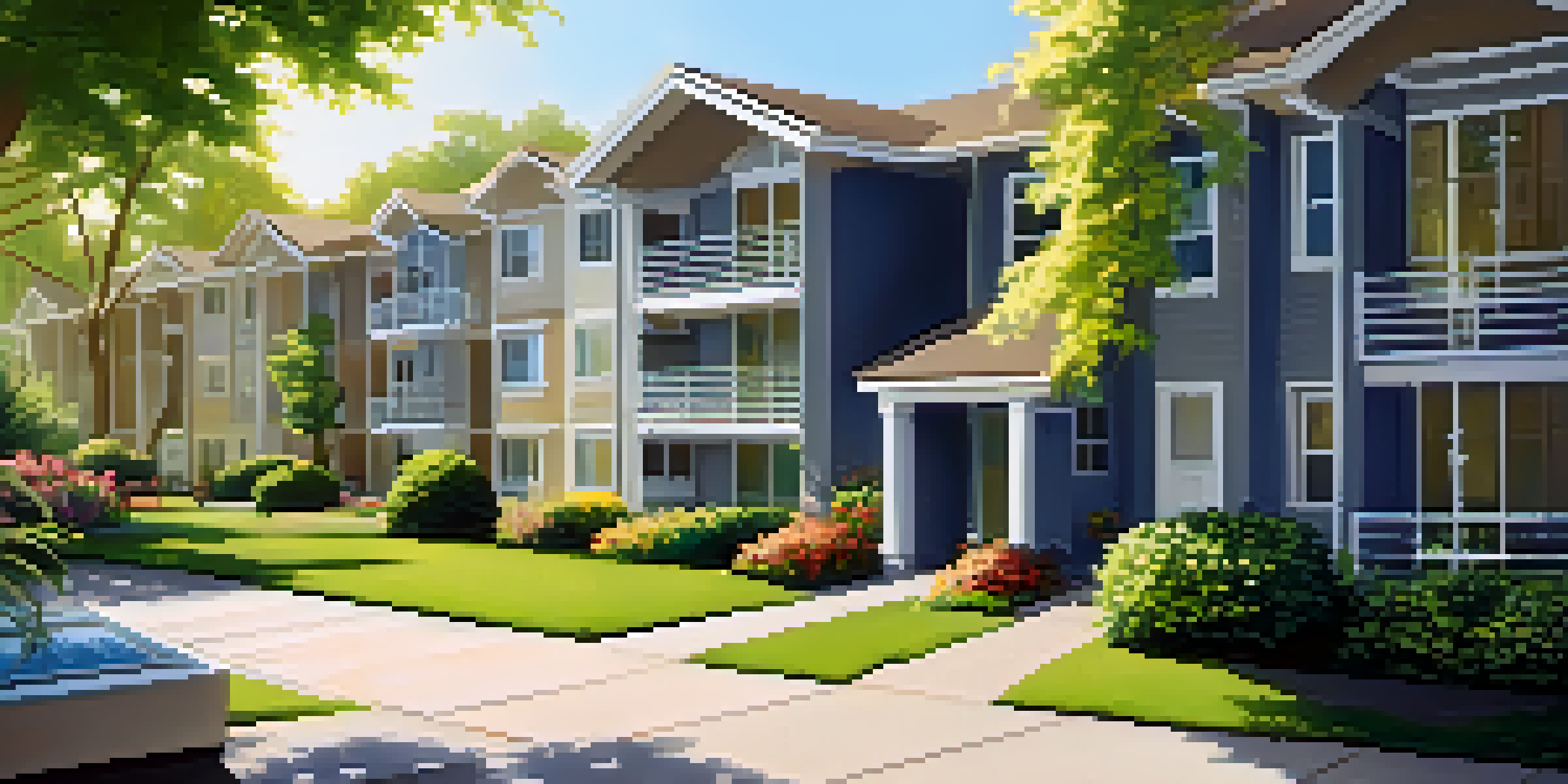 A peaceful apartment complex with green lawns and flower beds under a blue sky, illuminated by sunlight.